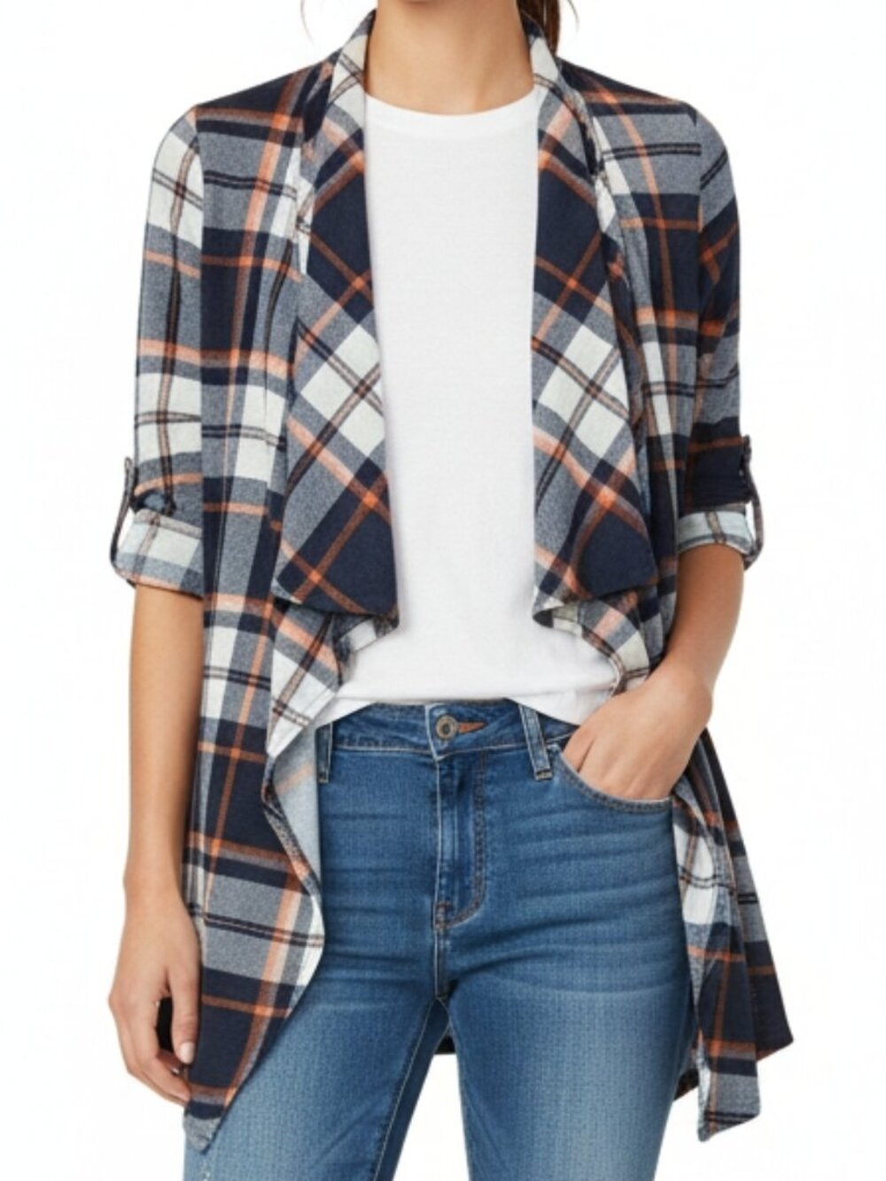 New York Laundry* Navy, White, and Orange Plaid* Open Front Cardigan* Size: M